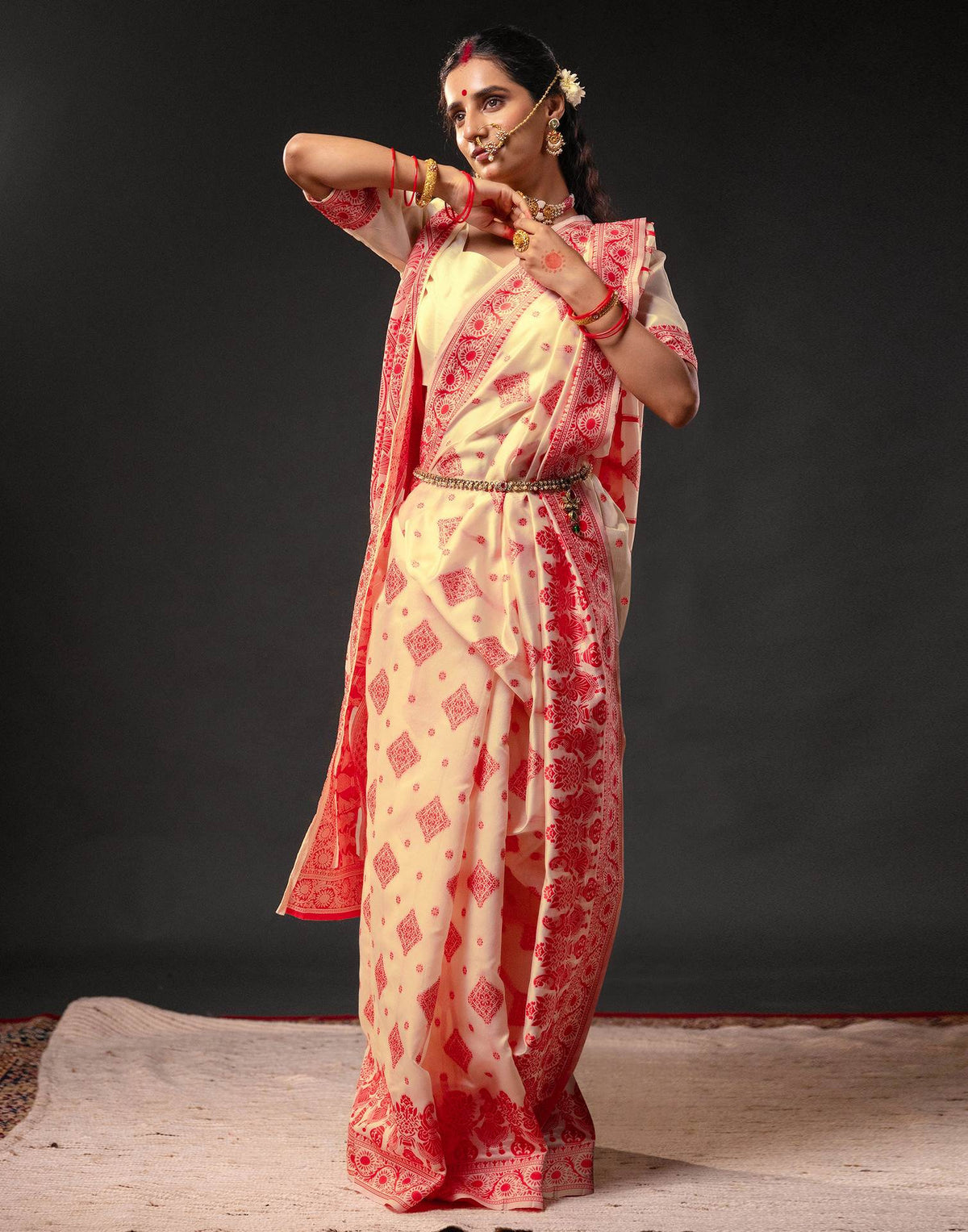 Cream Silk Woven Durga Puja Saree