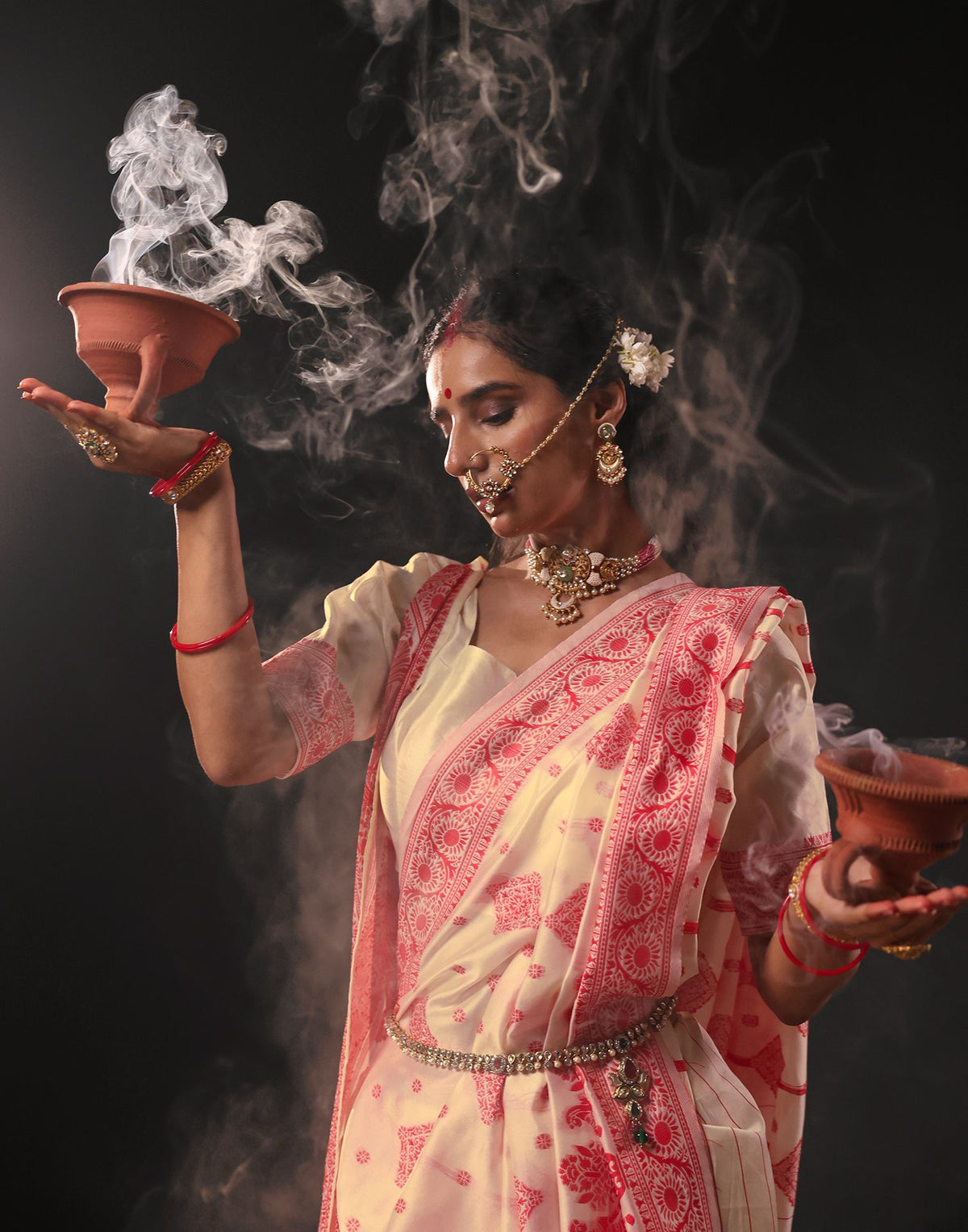 Cream Silk Woven Durga Puja Saree
