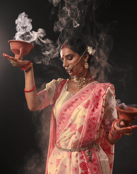 Cream Silk Woven Durga Puja Saree