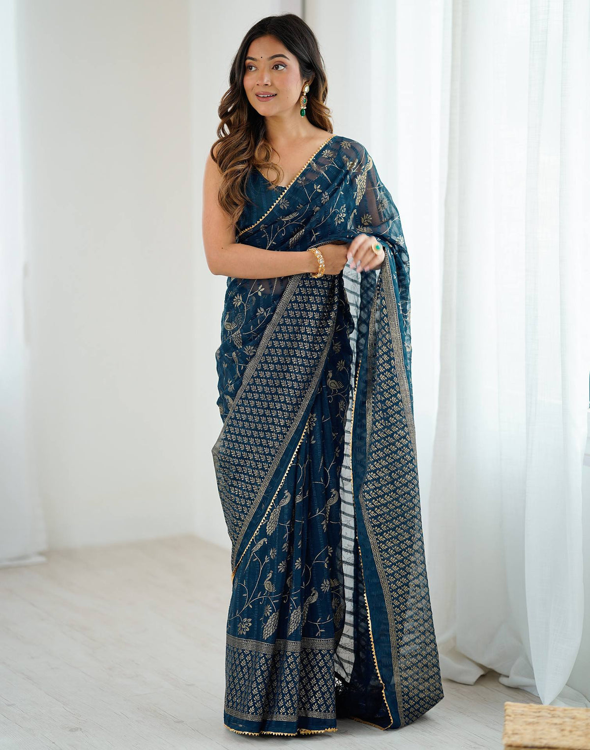 Peacock Blue Georgette Foil Printed Saree