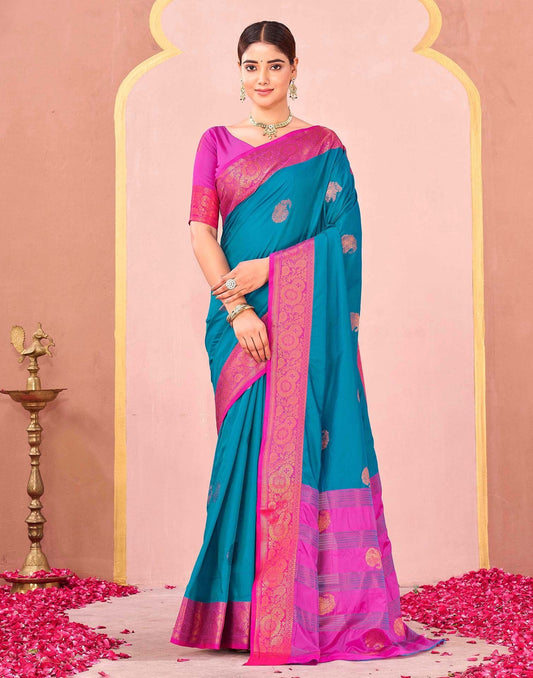 Teal Blue Silk Woven Saree