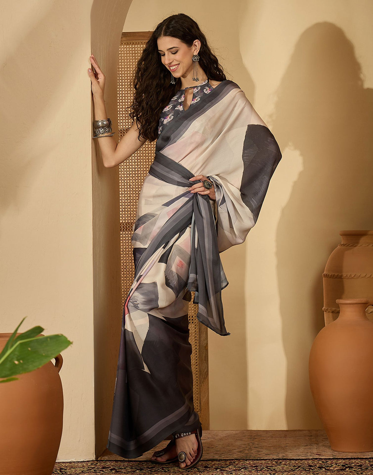 Off White Satin Printed Saree