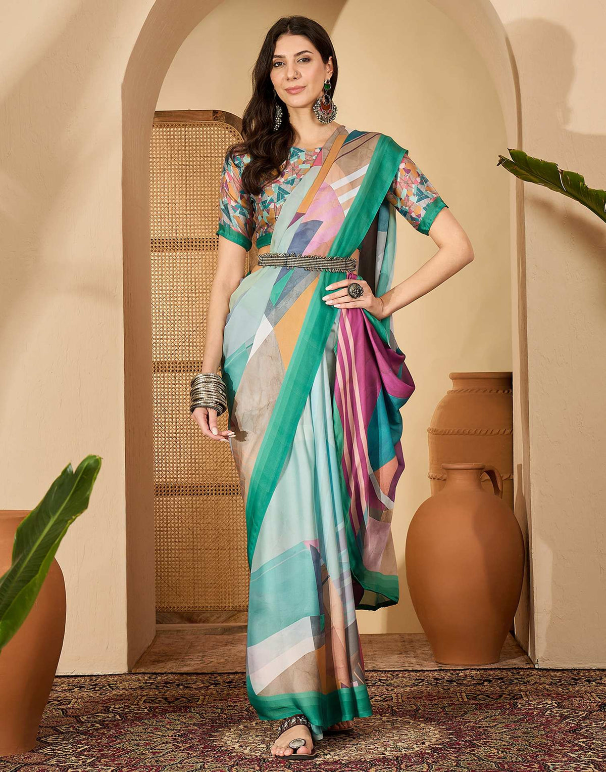 Light Turquoise Satin Printed Saree