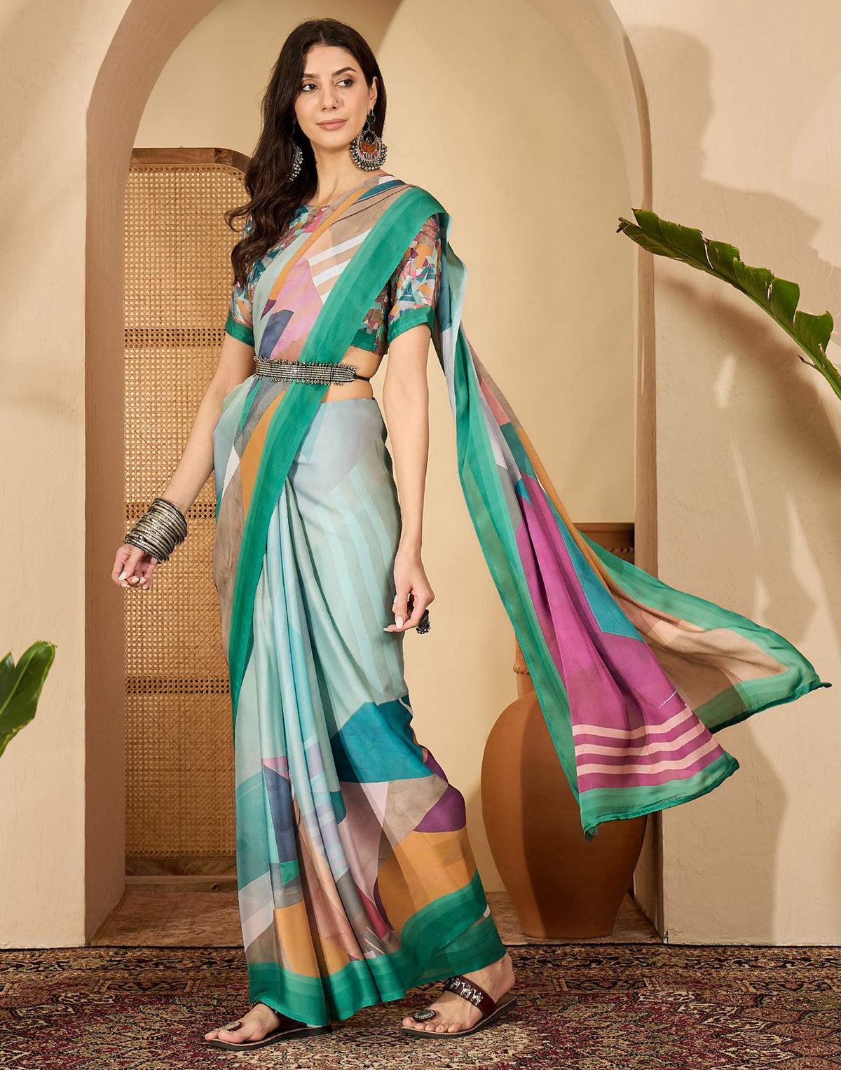 Light Turquoise Satin Printed Saree