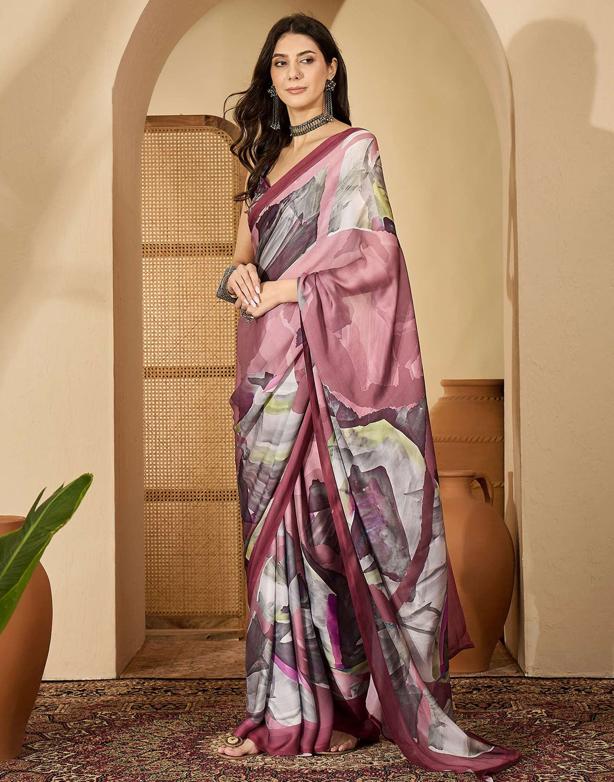 Mauve Satin Printed Saree