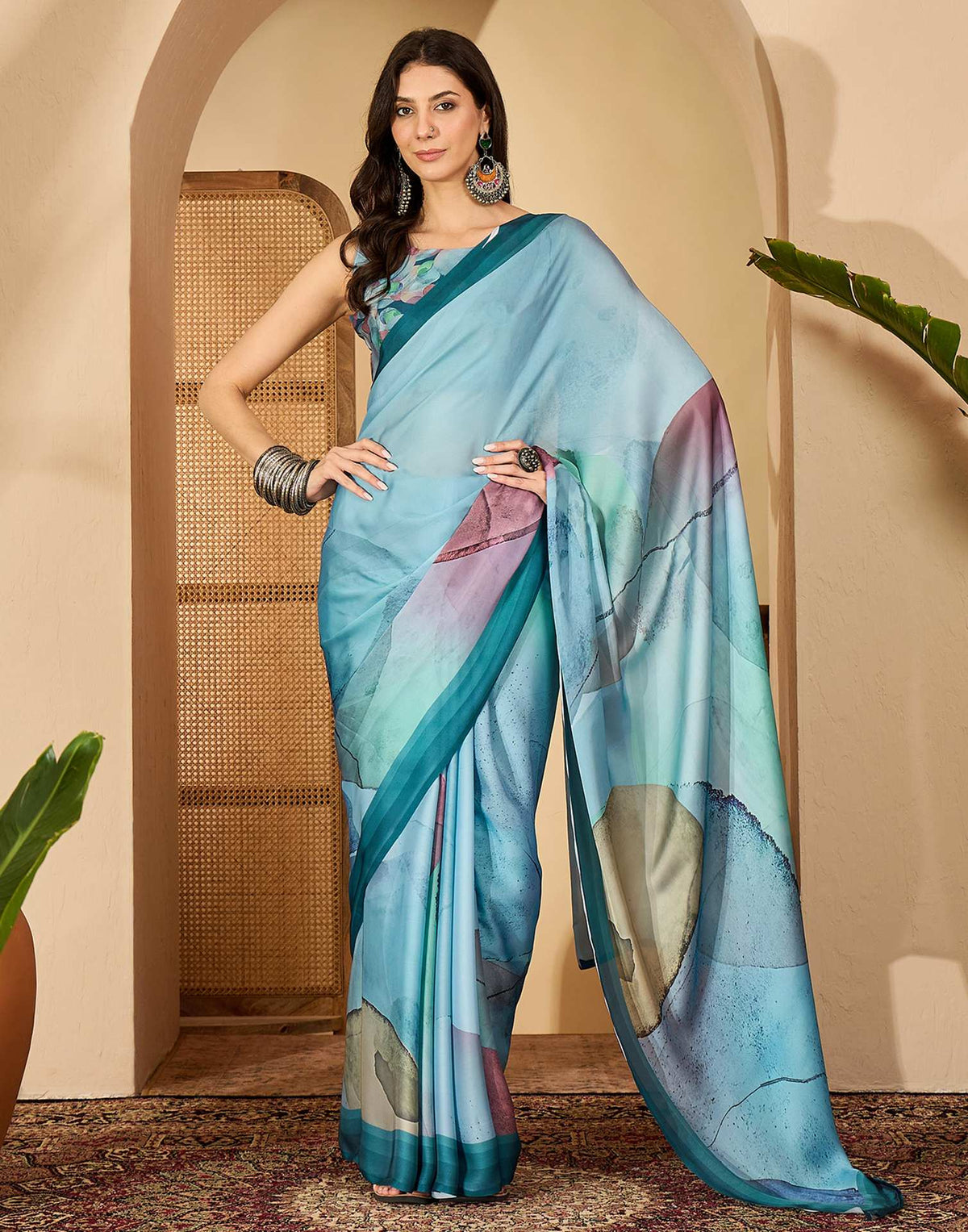 Light Blue Satin Printed Saree