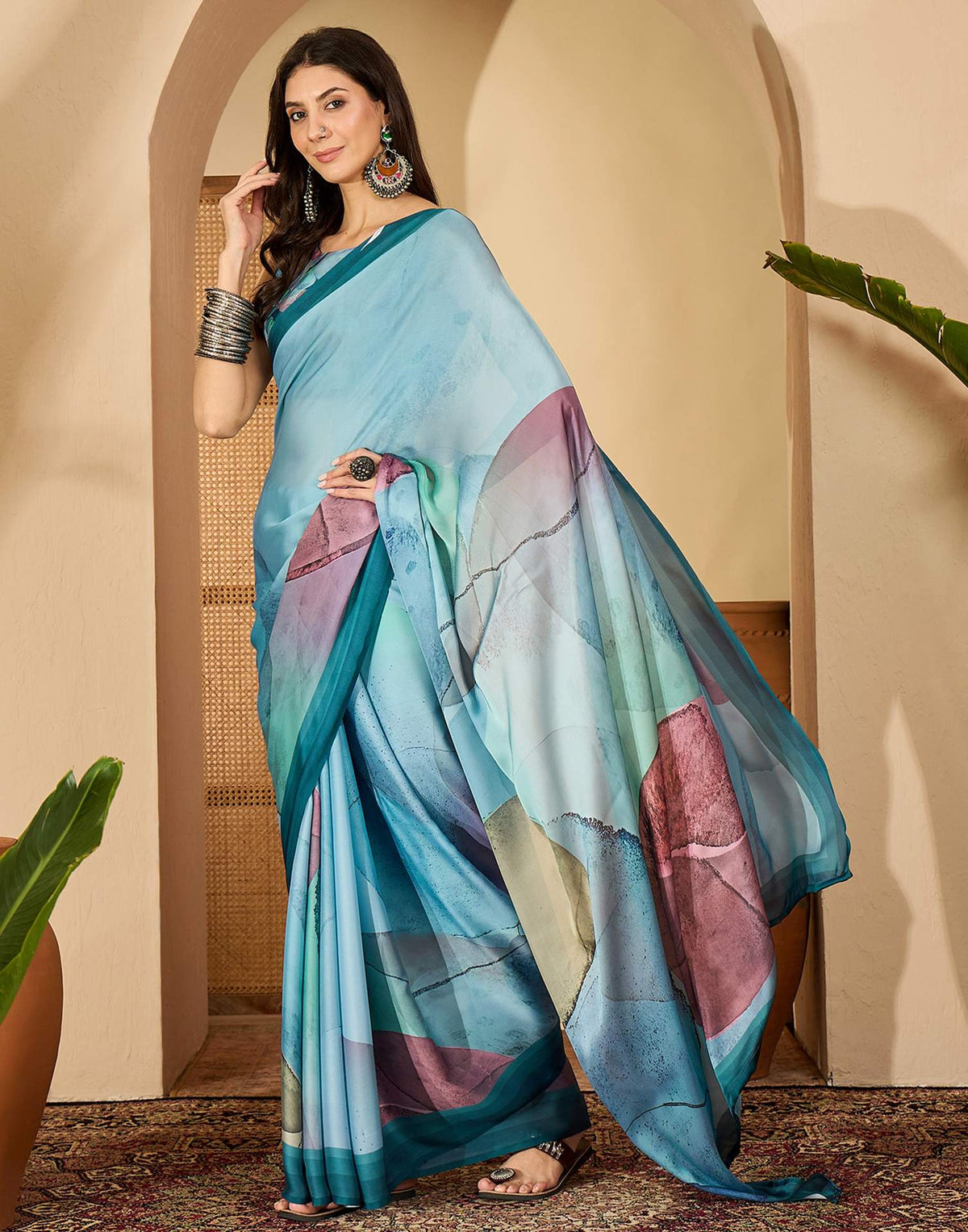 Light Blue Satin Printed Saree