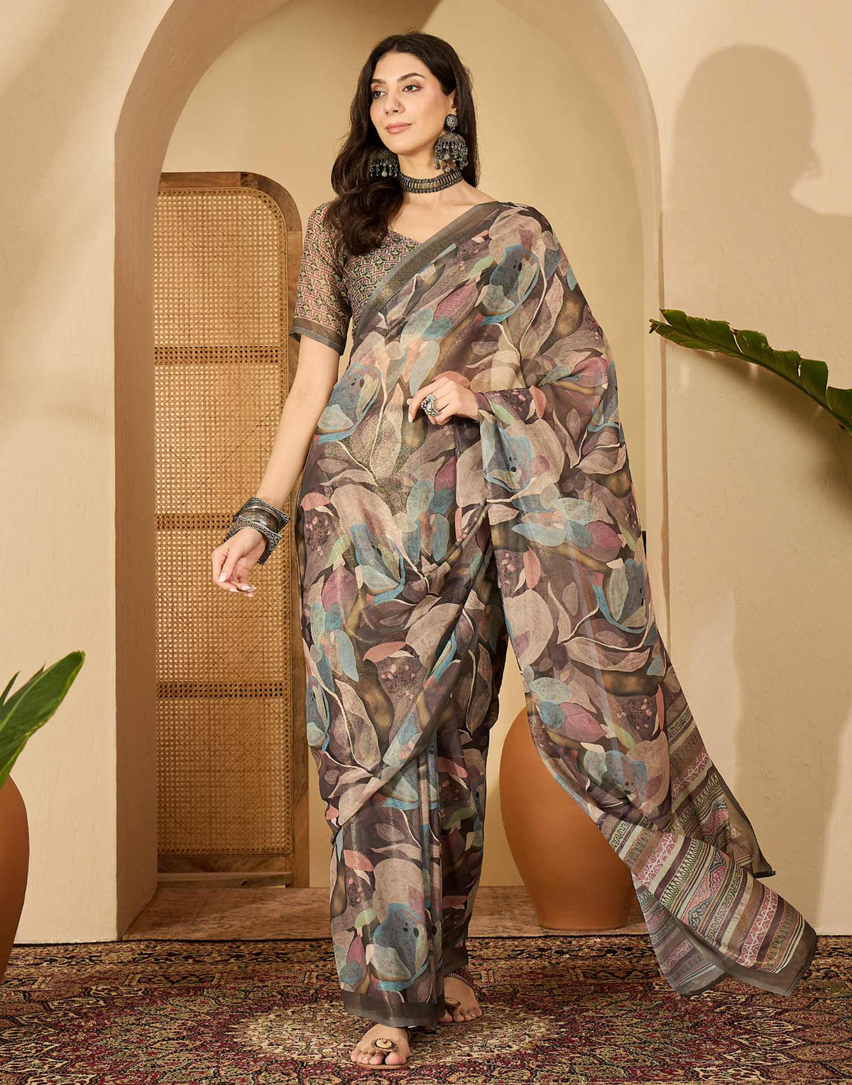 Olive Green Georgette Printed Saree