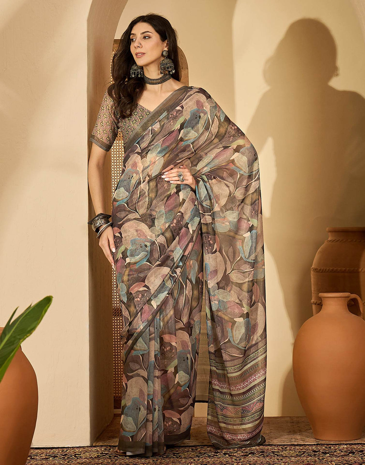 Olive Green Georgette Printed Saree