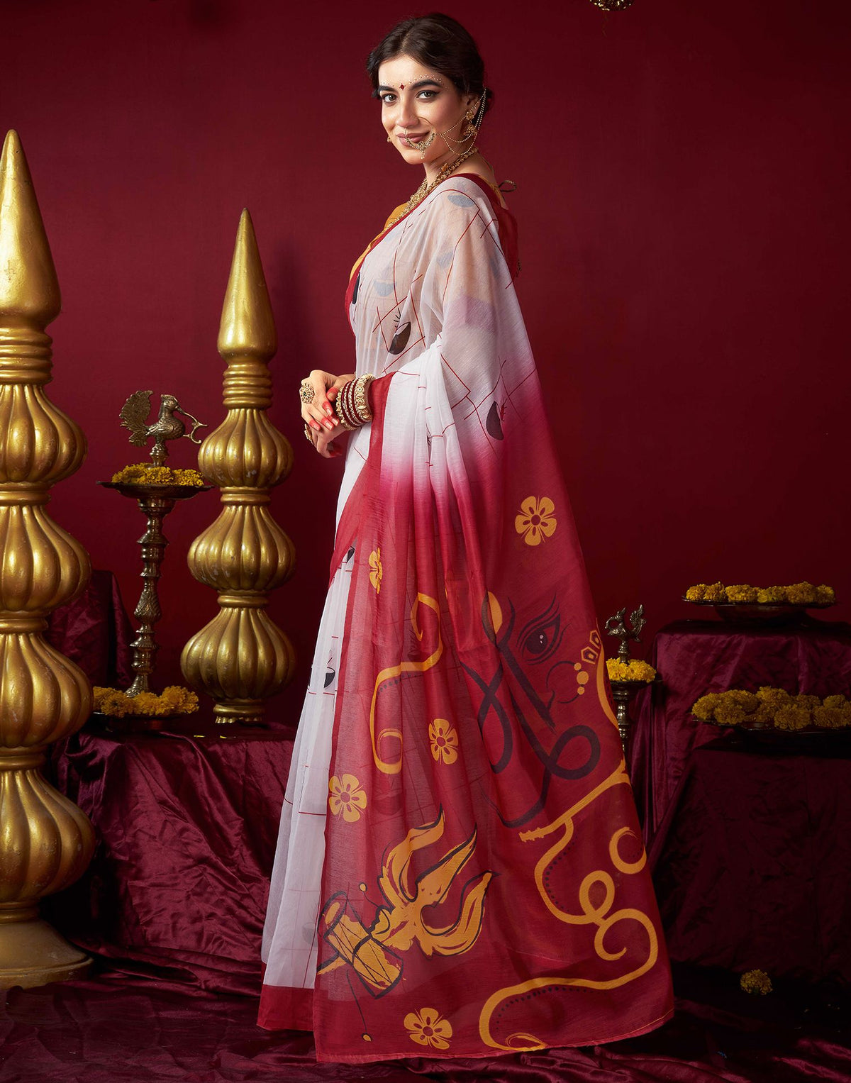 White Chanderi Printed Durga Puja Saree
