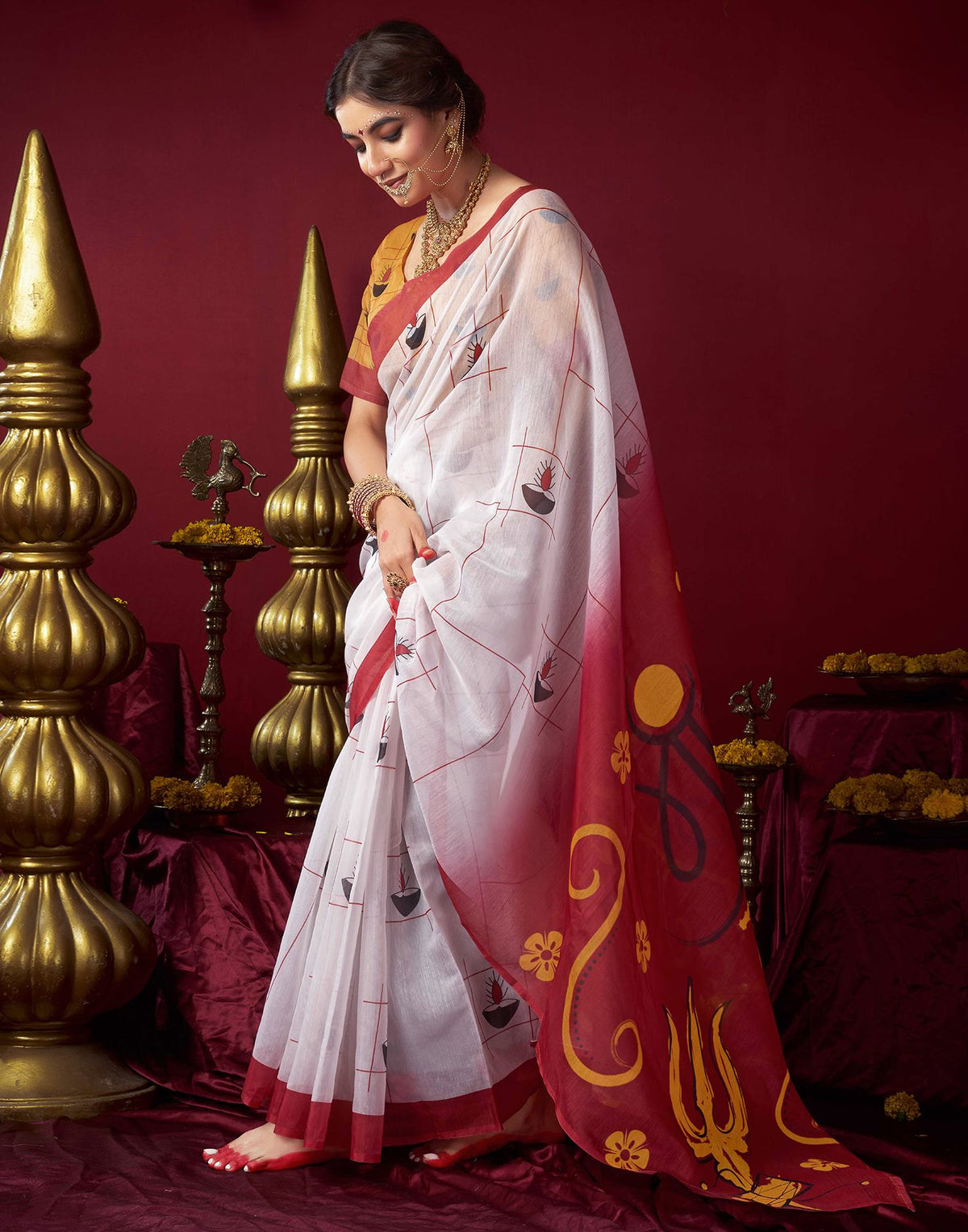 White Chanderi Printed Durga Puja Saree