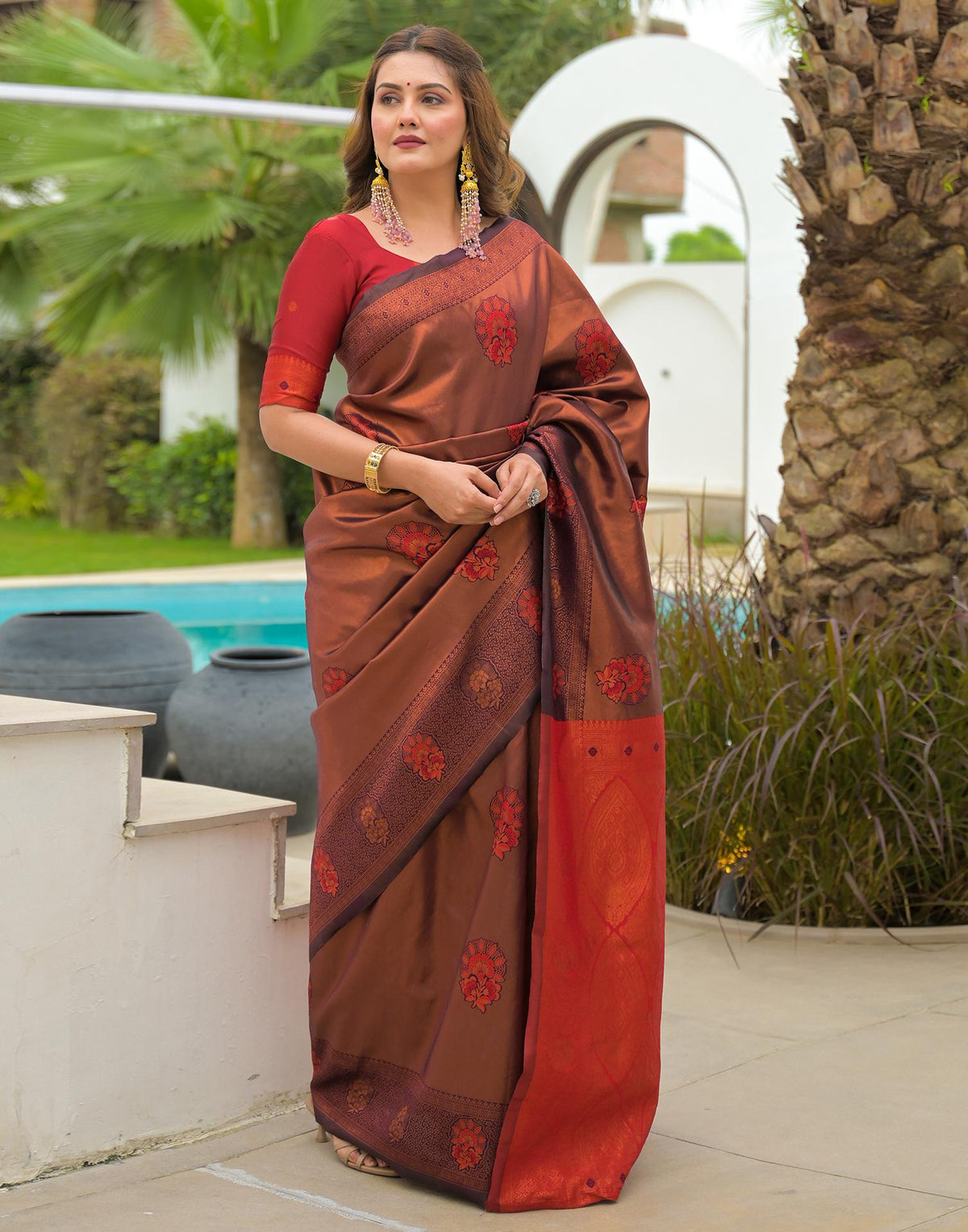 Wine Silk Woven Saree
