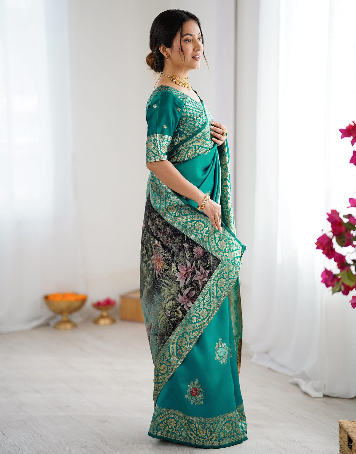 Teal Green Silk Woven Saree