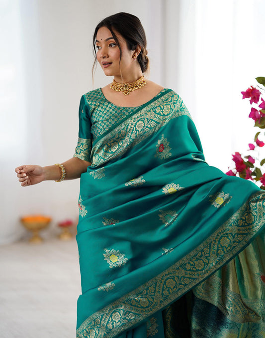 Teal Green Silk Woven Saree