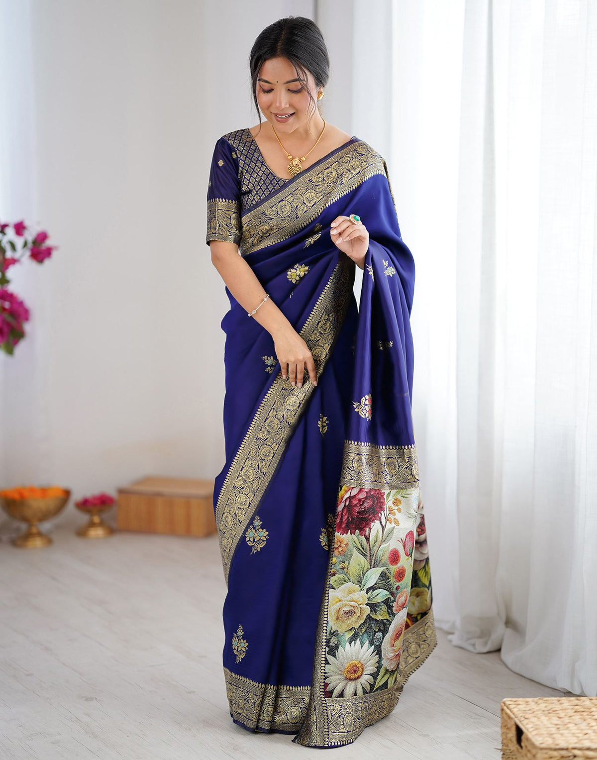Navy Blue Silk Woven Saree