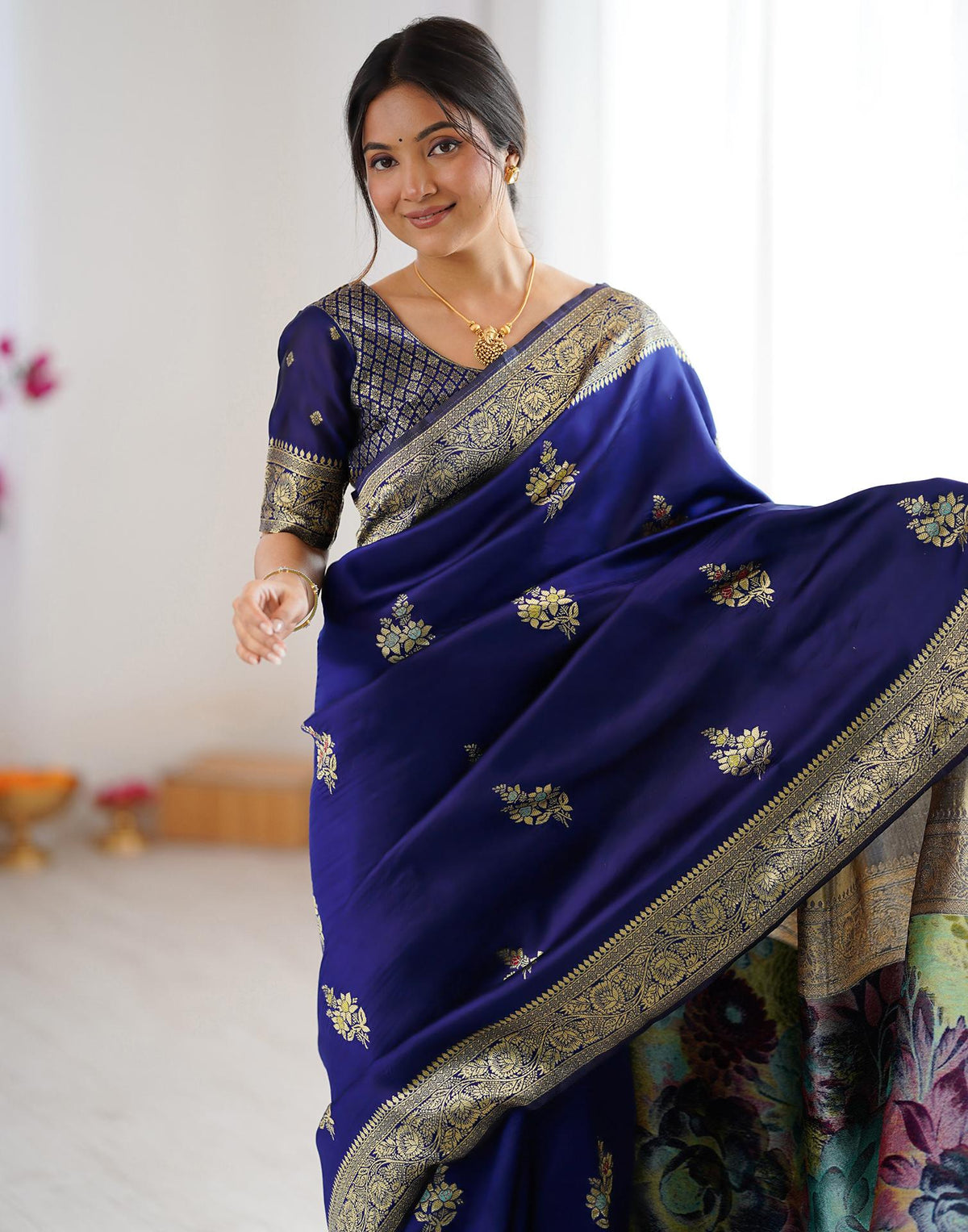 Navy Blue Silk Woven Saree
