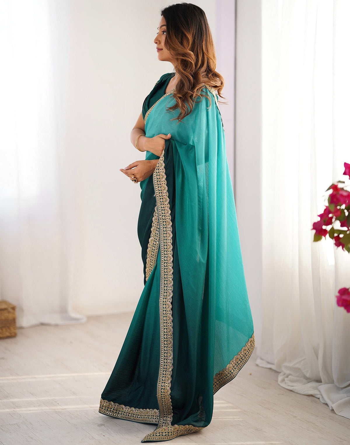 Green Chinnon Sequence Lace Saree