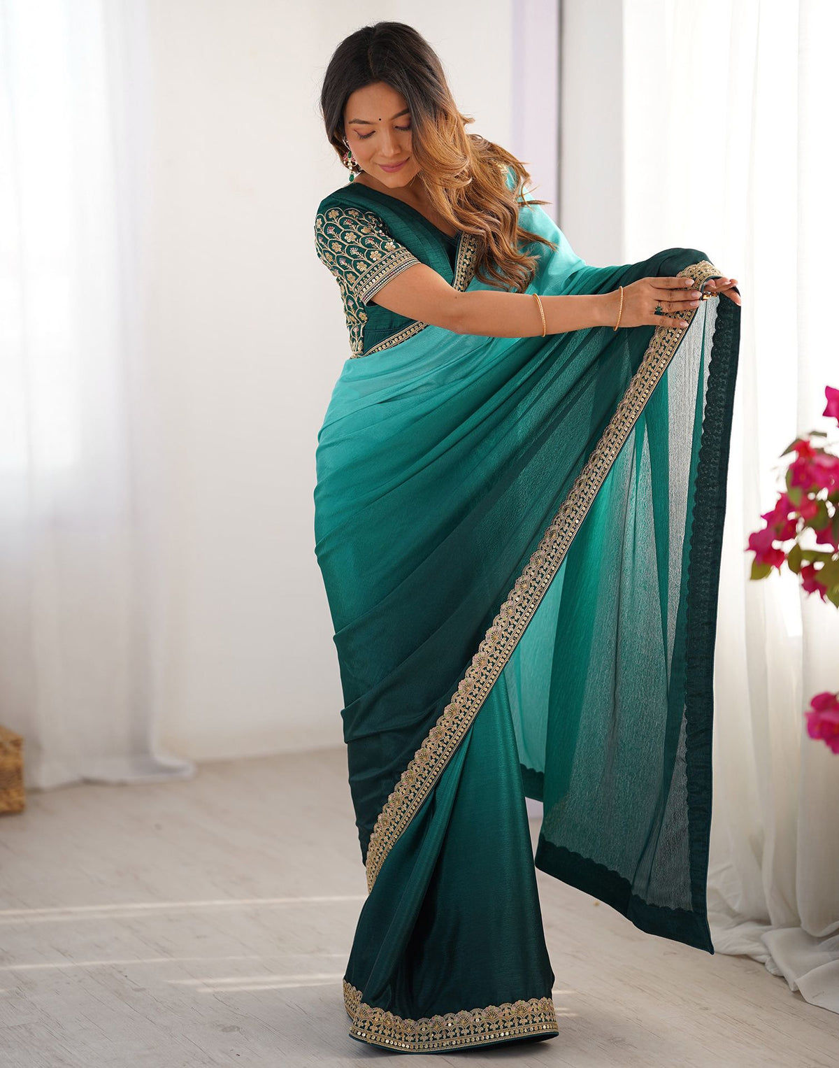 Green Chinnon Sequence Lace Saree