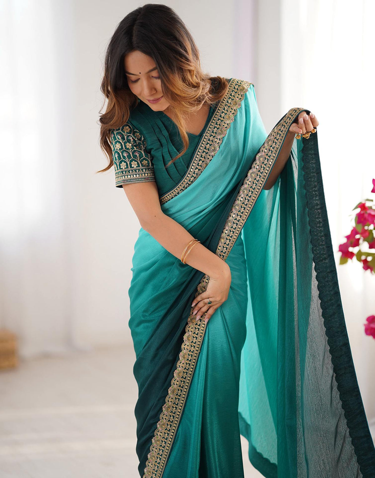 Green Chinnon Sequence Lace Saree