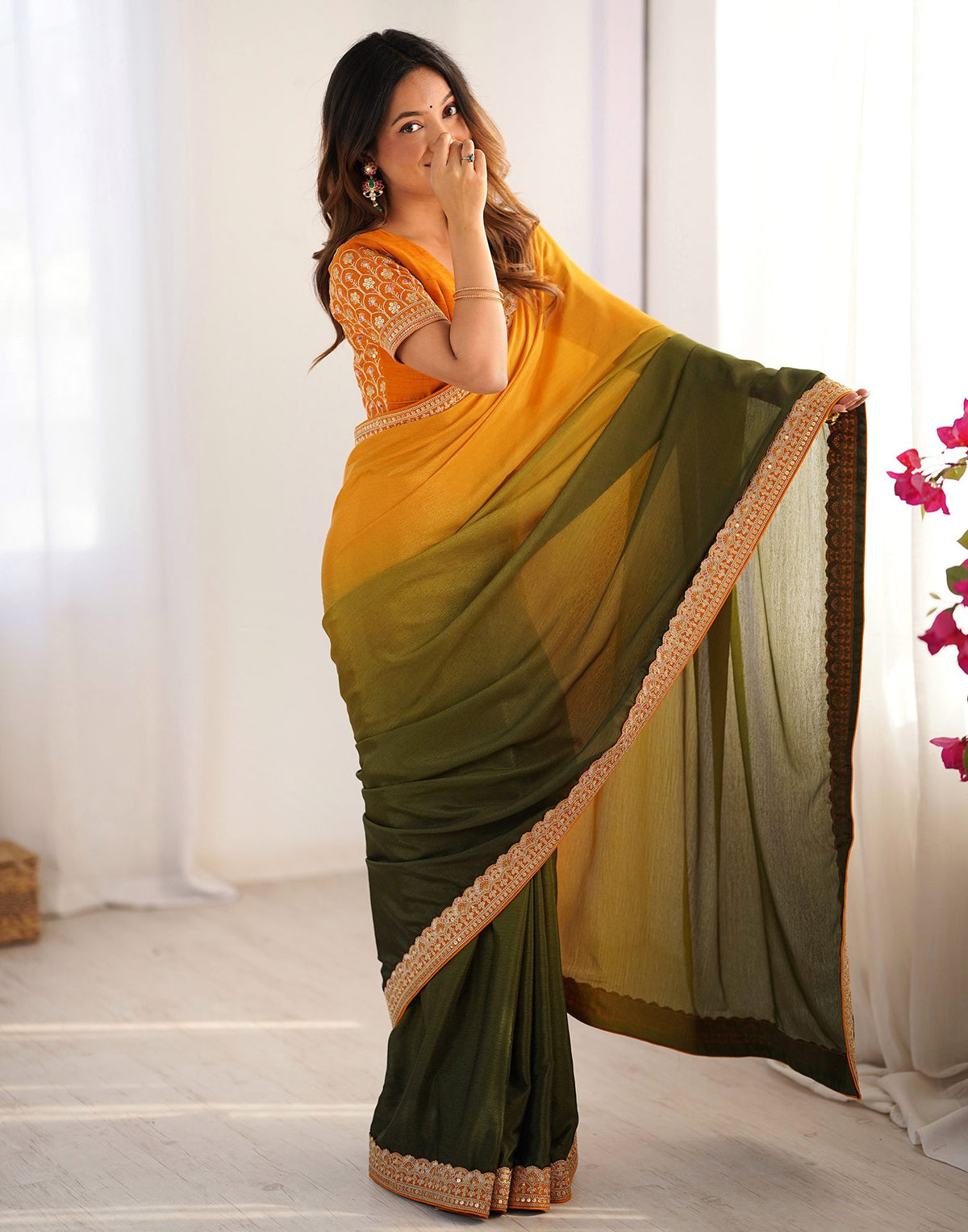 Olive Green Chinnon Sequence Lace Saree