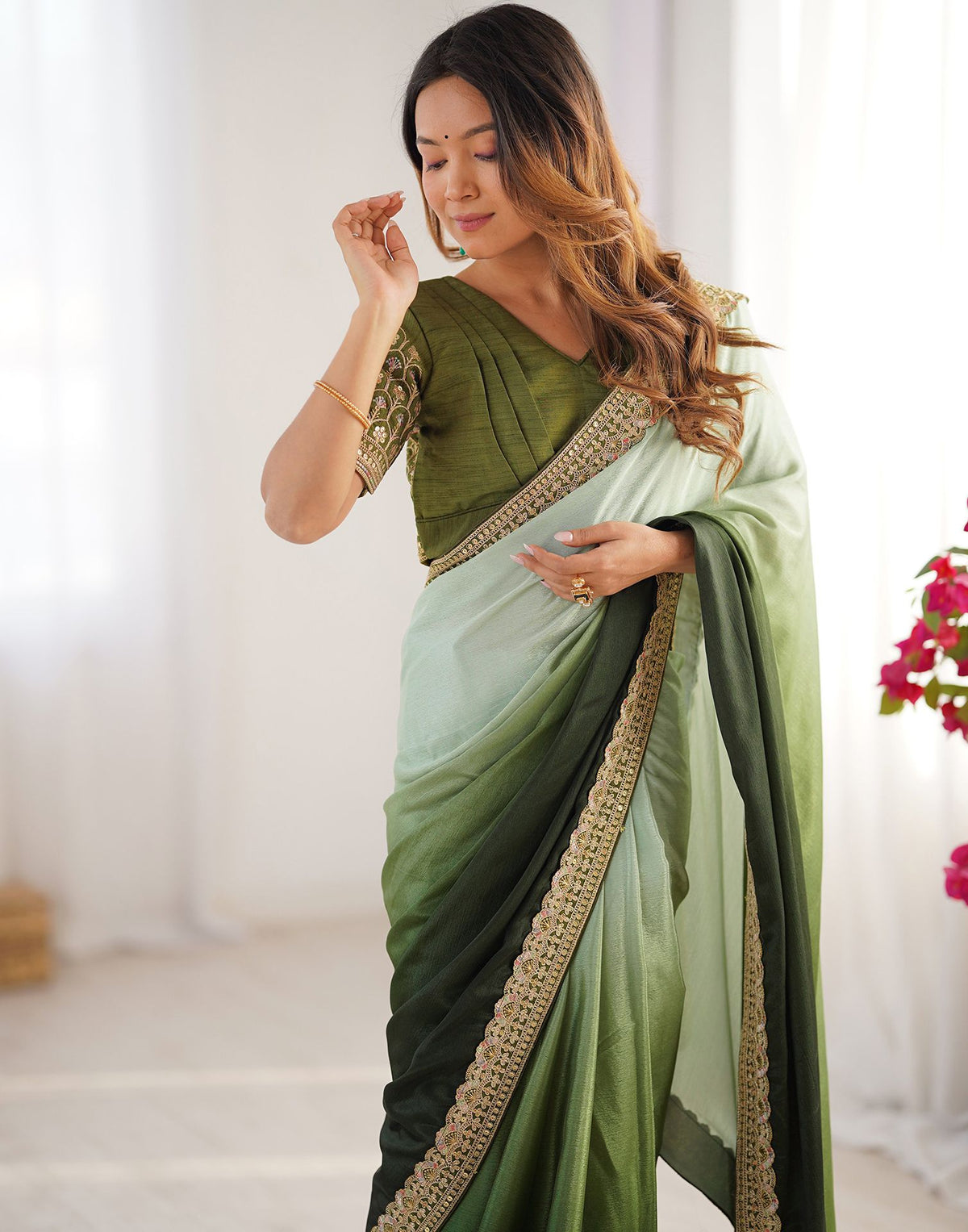 Olive Green Chinnon Sequence Lace Saree