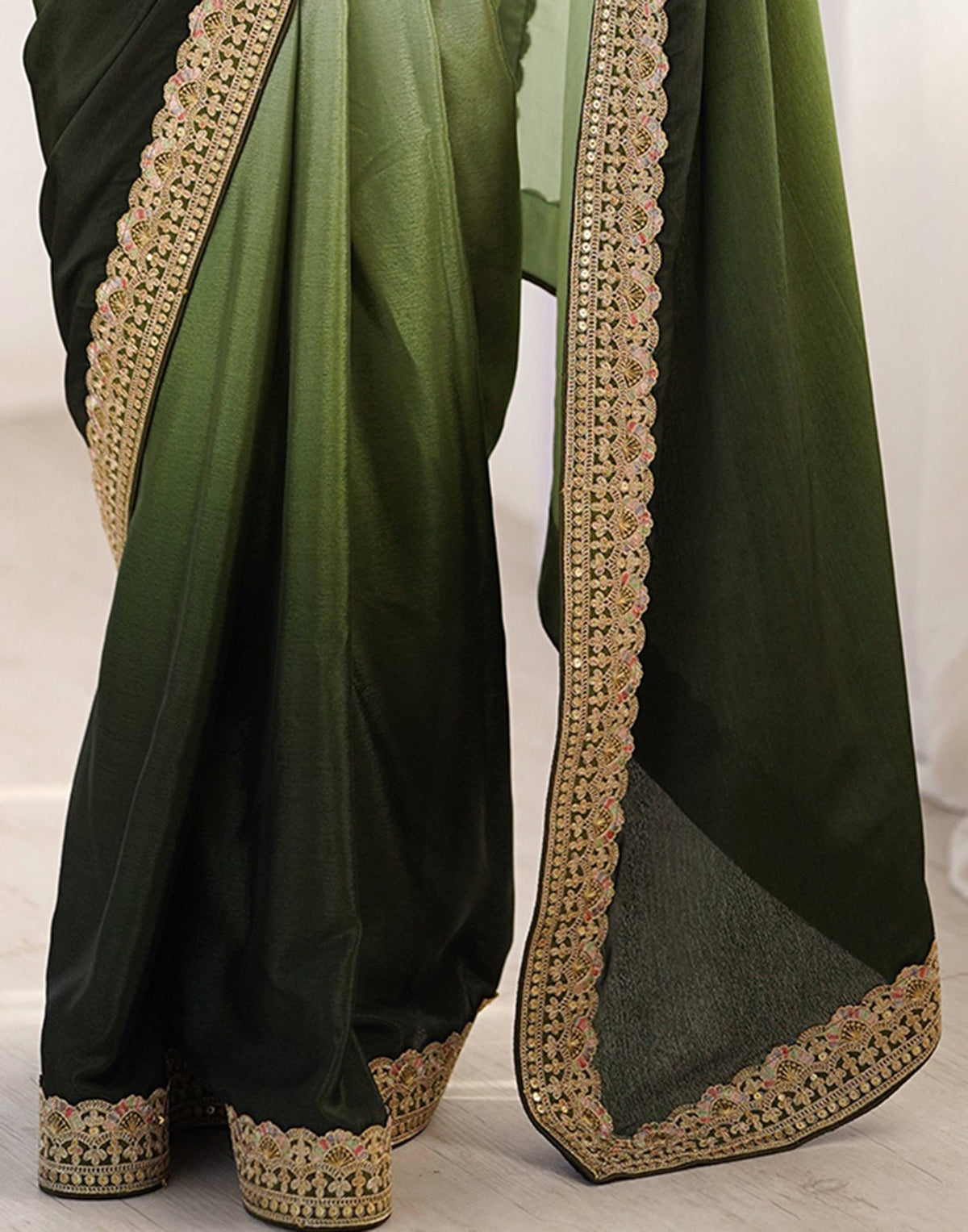 Olive Green Chinnon Sequence Lace Saree