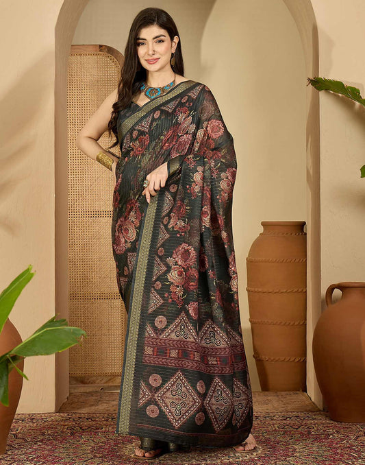 Dark Green Silk Floral Printed Saree