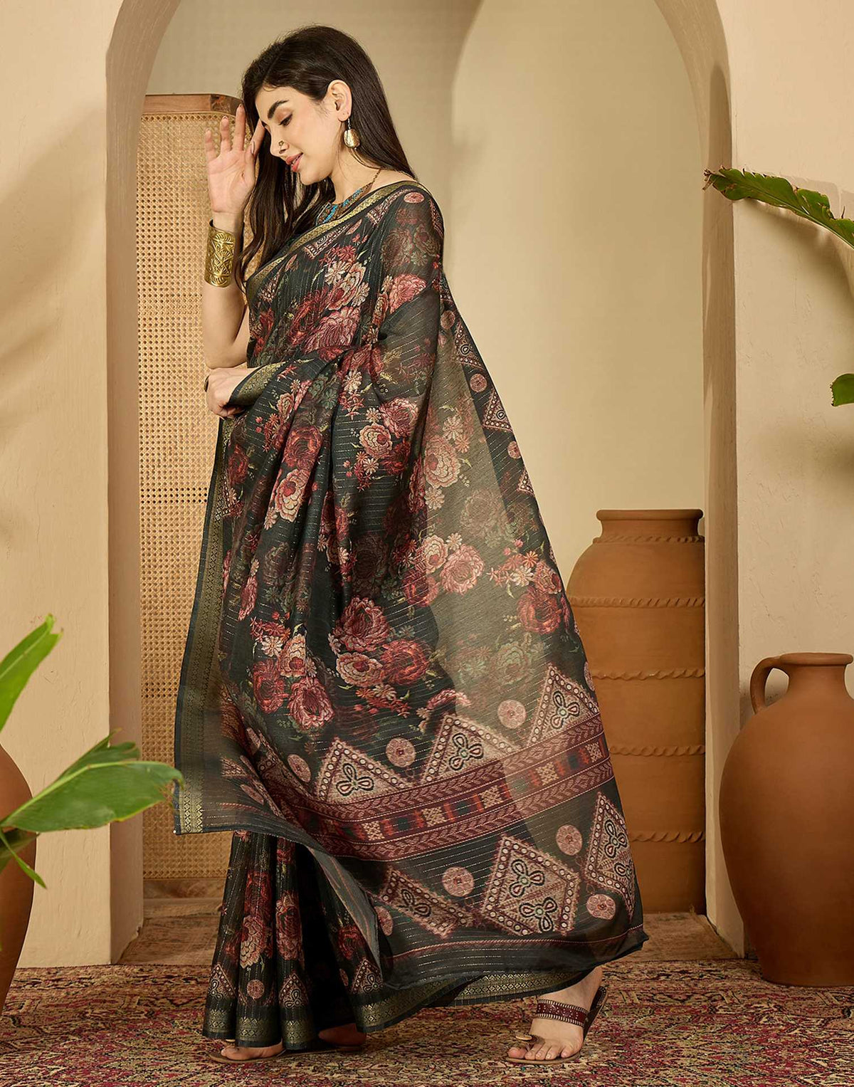 Dark Green Silk Floral Printed Saree