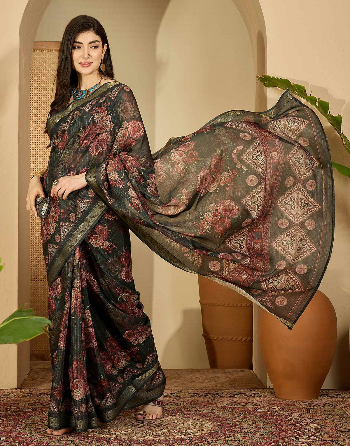 Dark Green Silk Floral Printed Saree