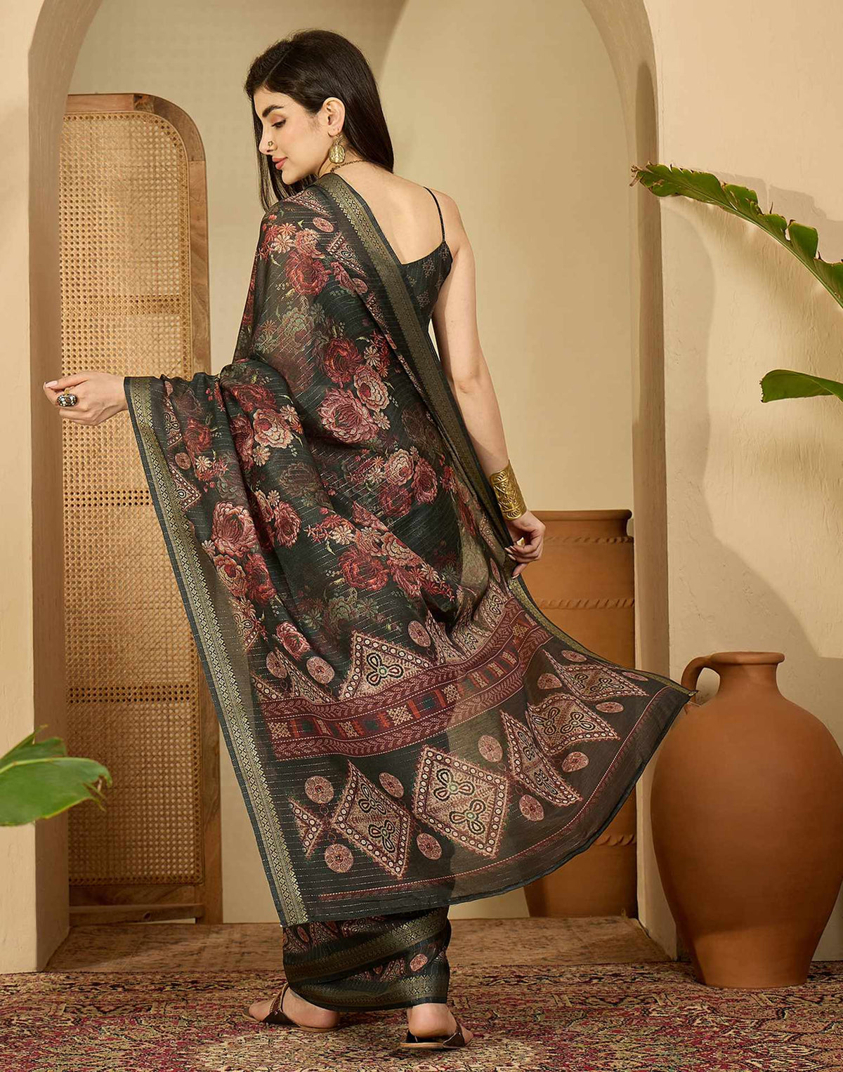 Dark Green Silk Floral Printed Saree
