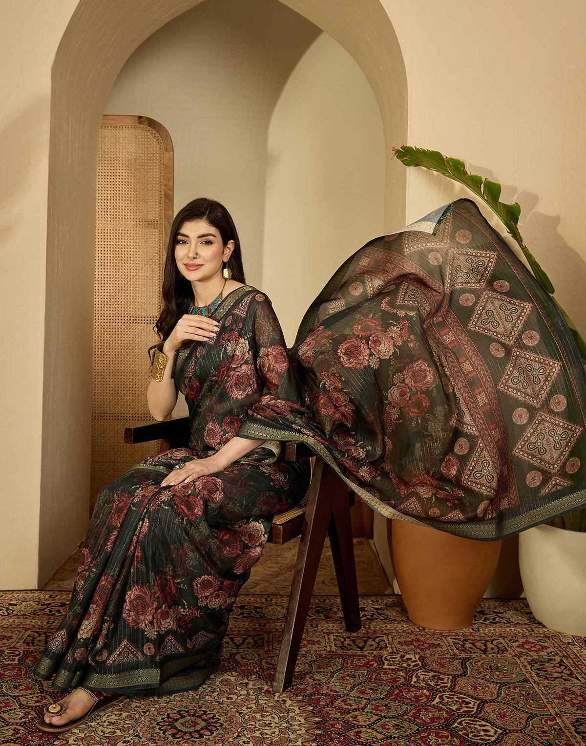 Dark Green Silk Floral Printed Saree