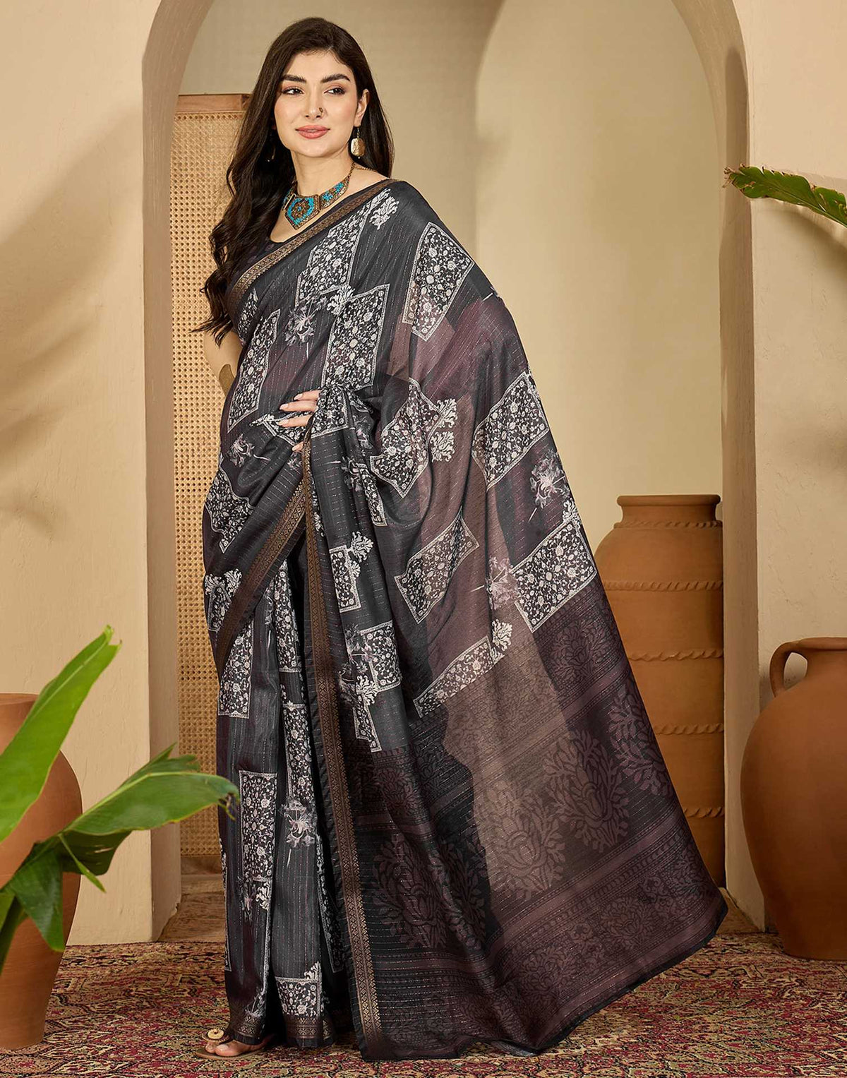 Dusty Wine Silk Printed Saree