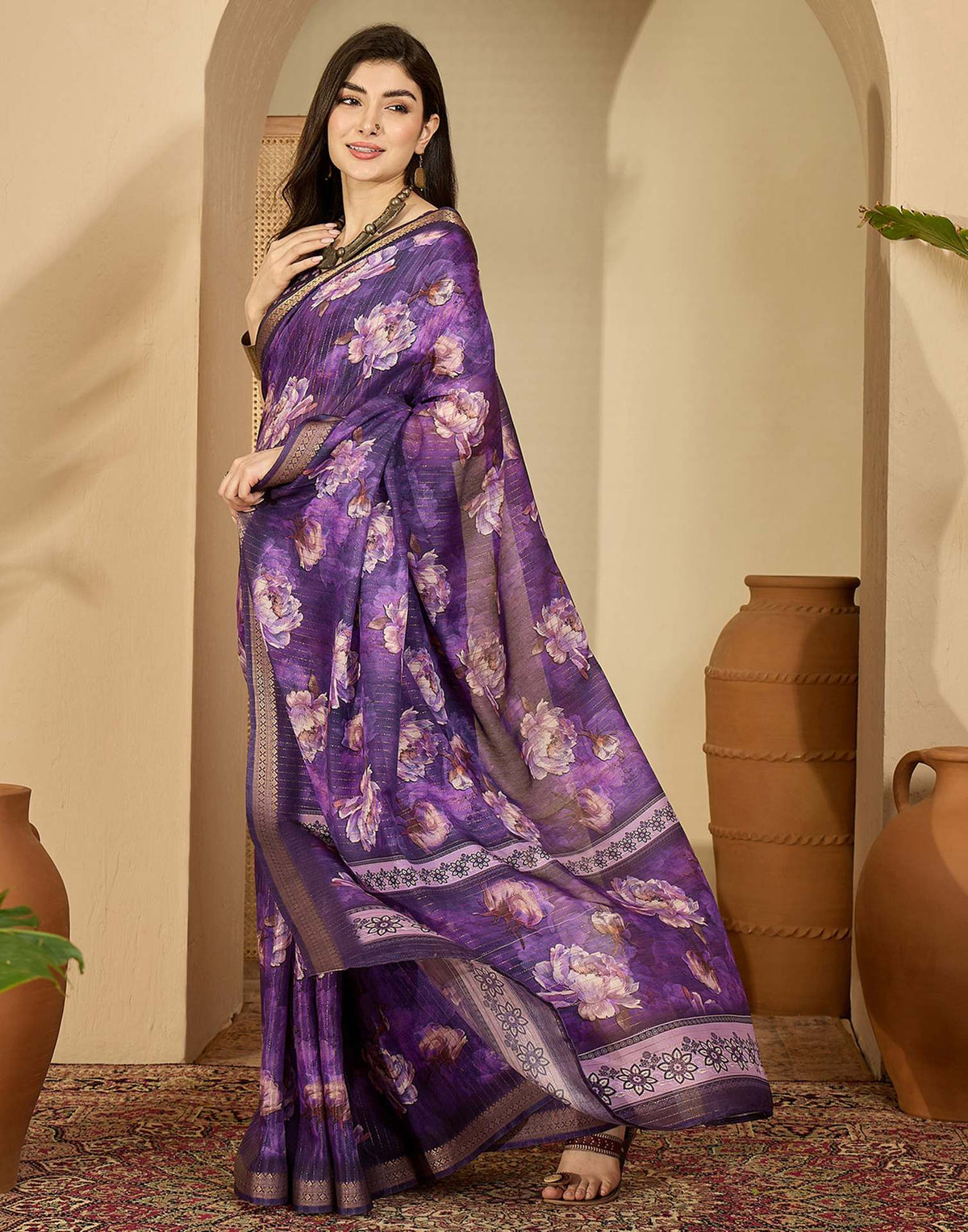 Purple Silk Floral Printed Saree