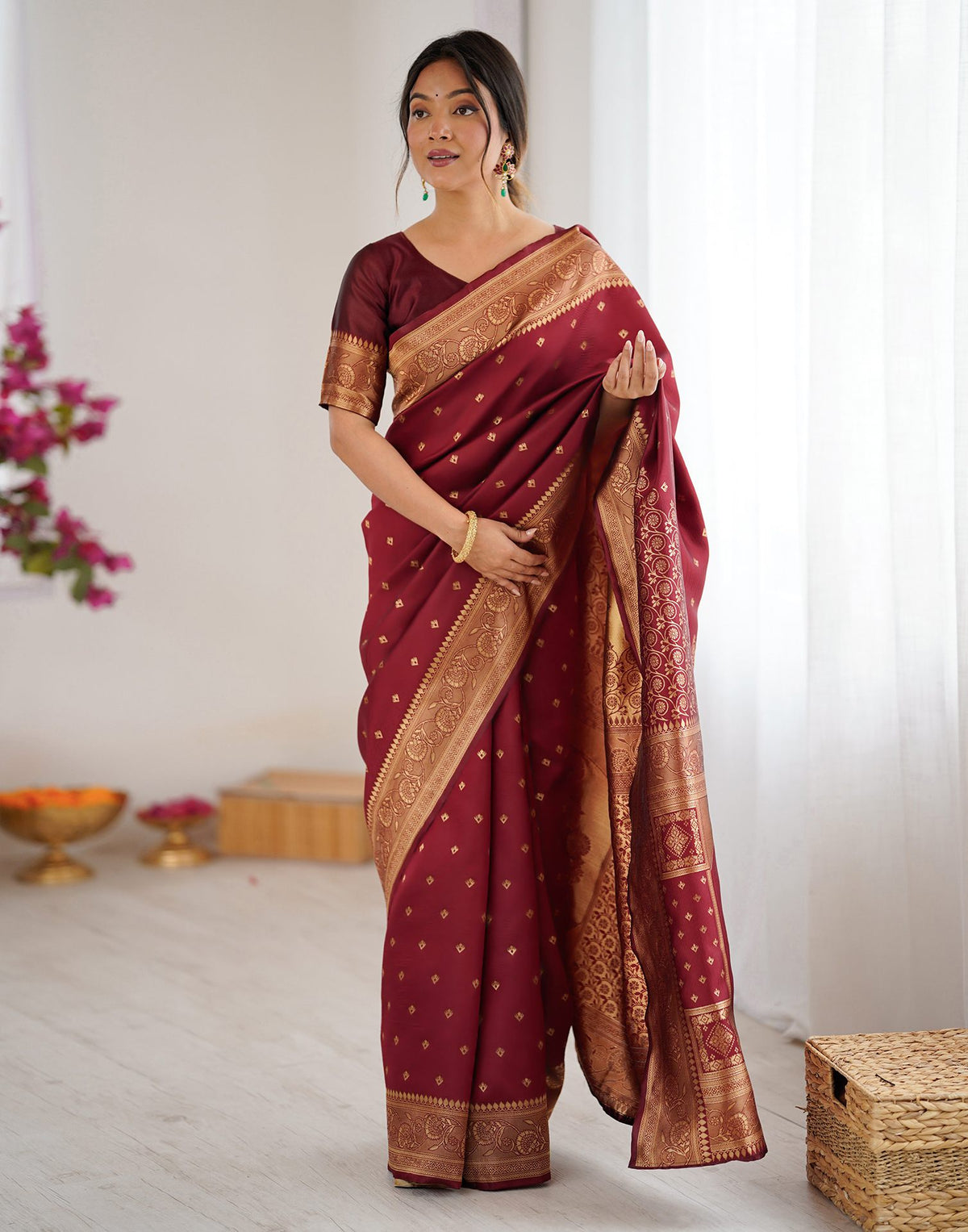 Maroon Silk Woven Banarasi Saree