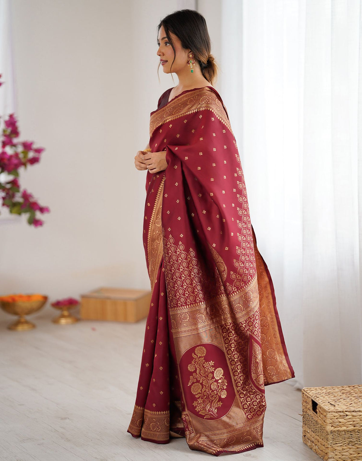 Maroon Silk Woven Banarasi Saree