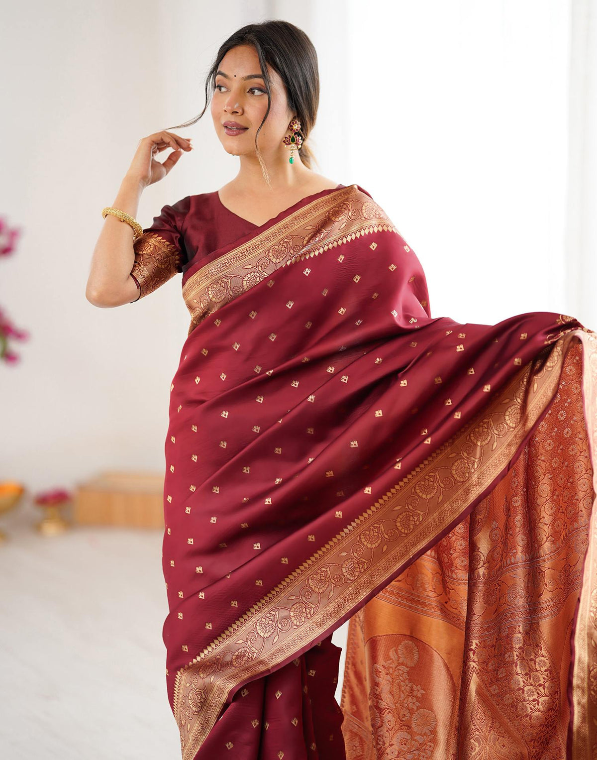 Maroon Silk Woven Banarasi Saree