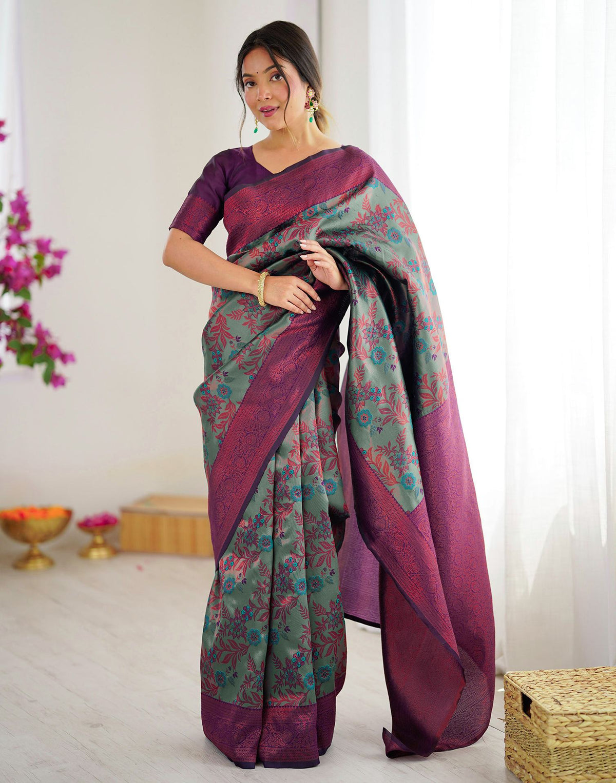 Teal Green Silk Woven Saree