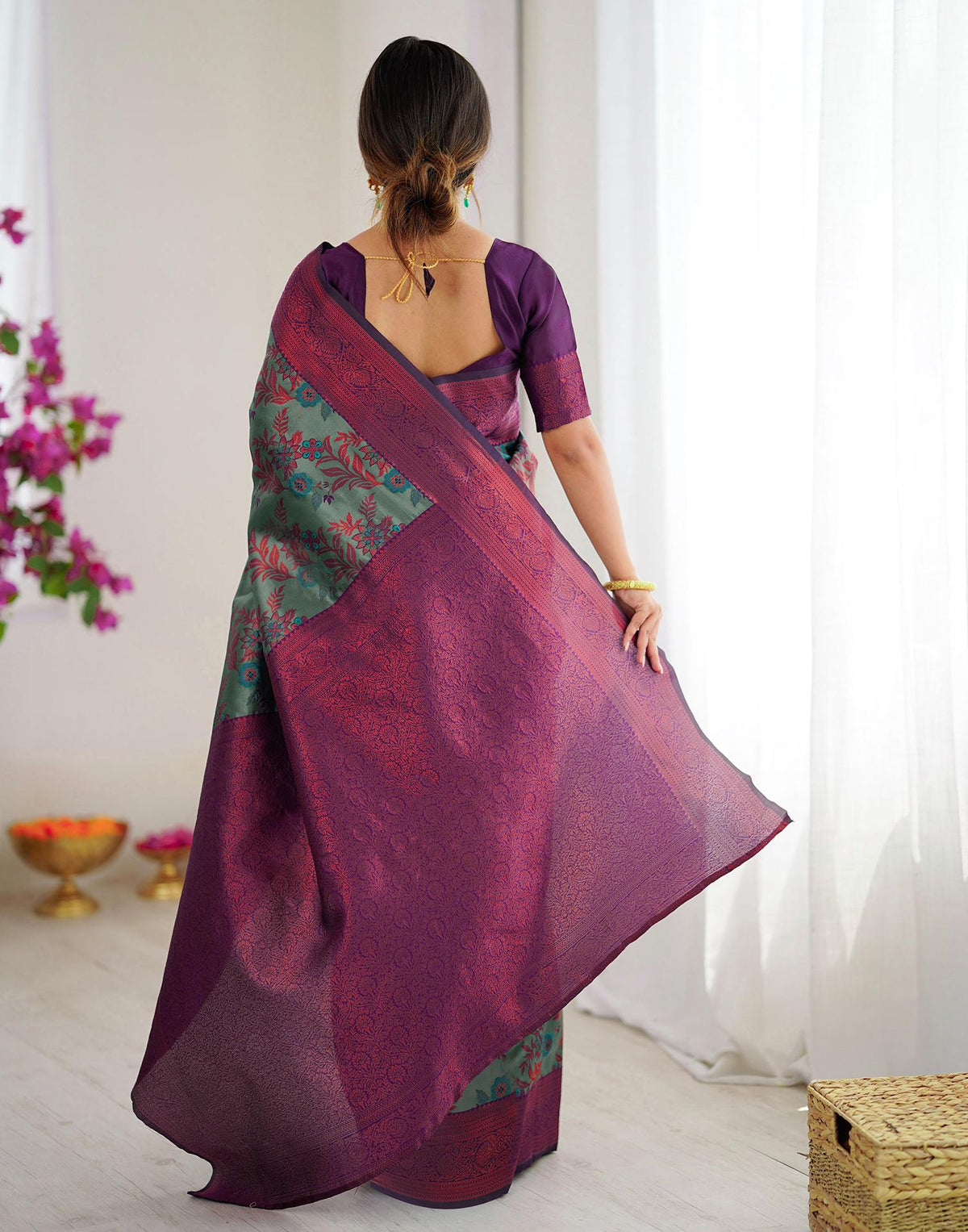 Teal Green Silk Woven Saree