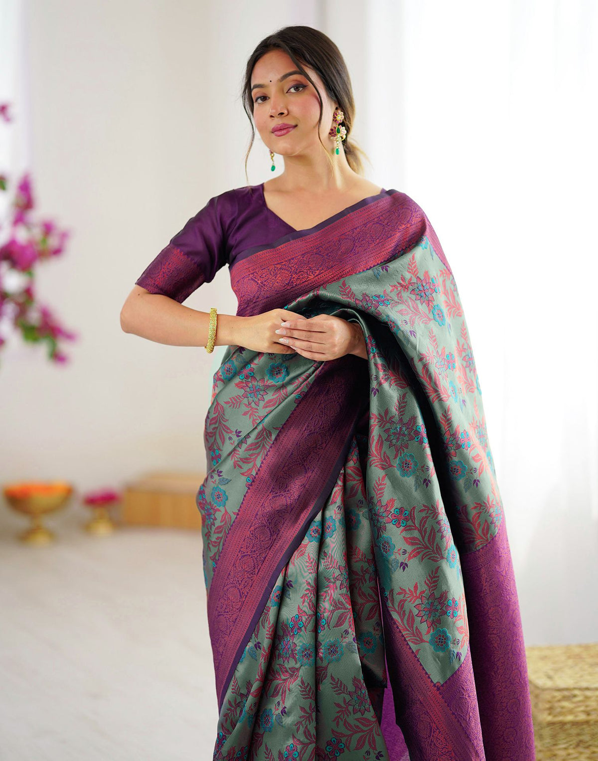 Teal Green Silk Woven Saree