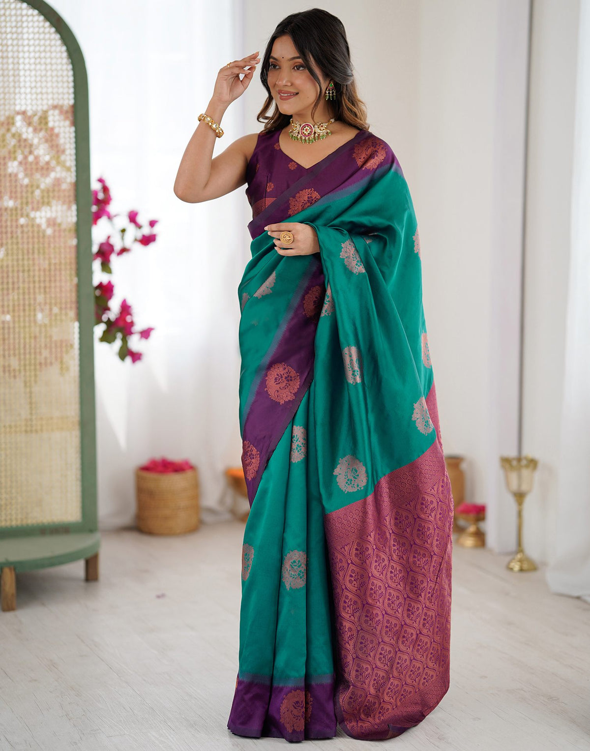 Teal Green Silk Woven Saree