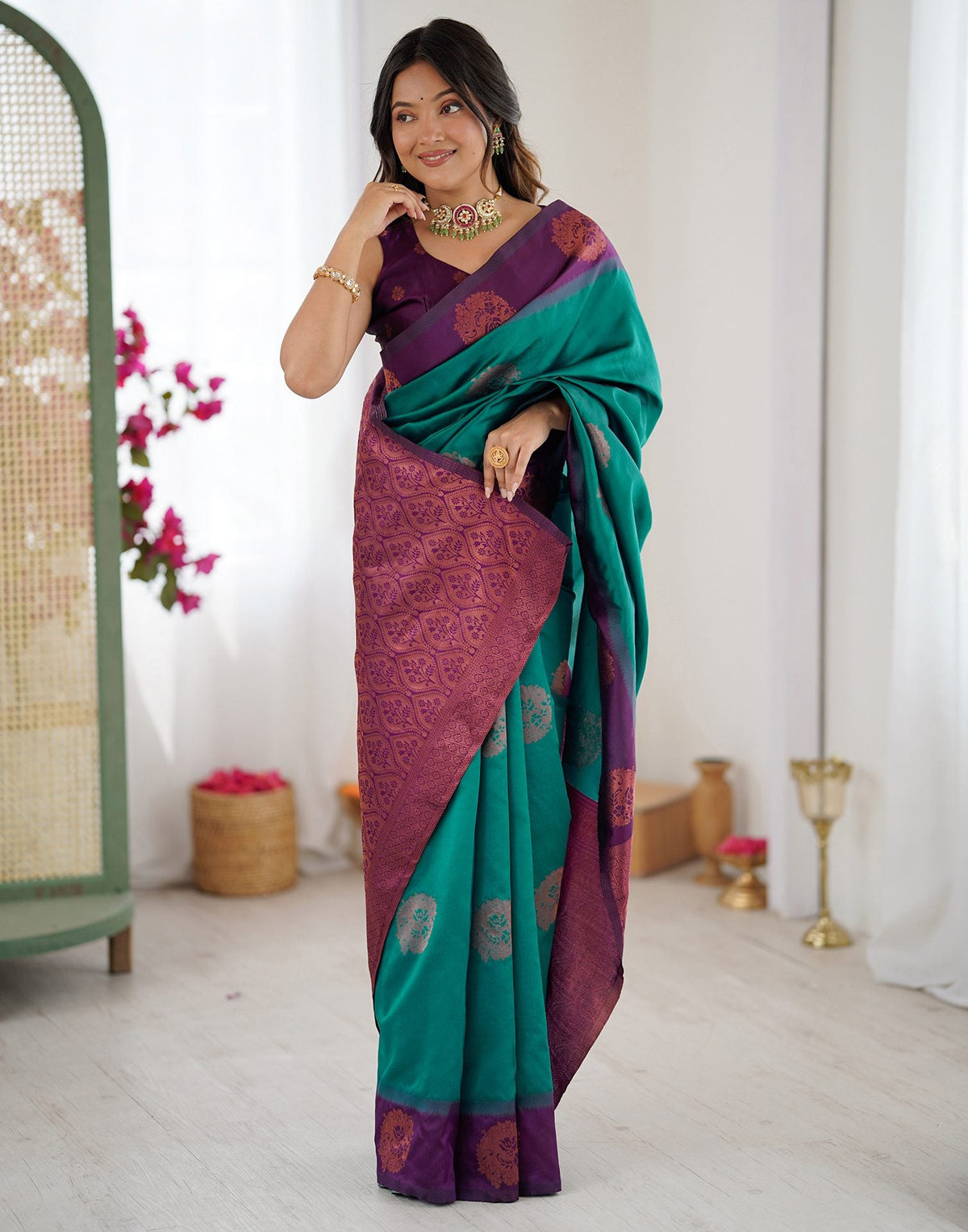 Teal Green Silk Woven Saree