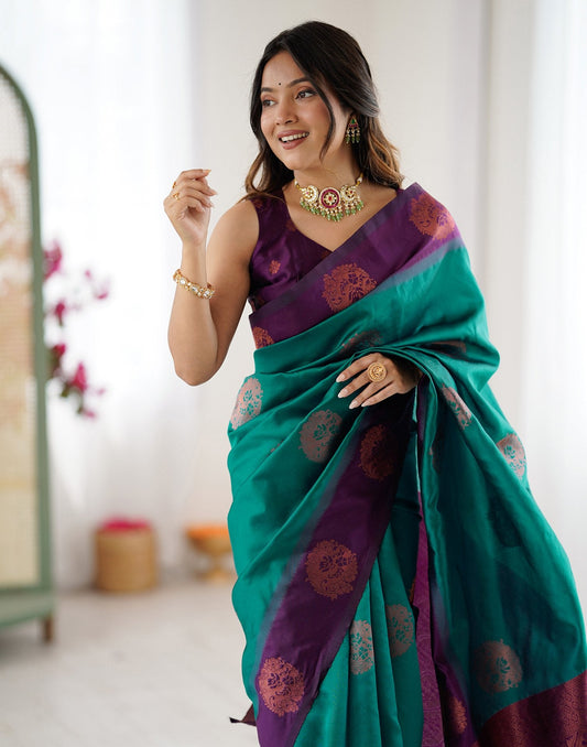 Teal Green Silk Woven Saree