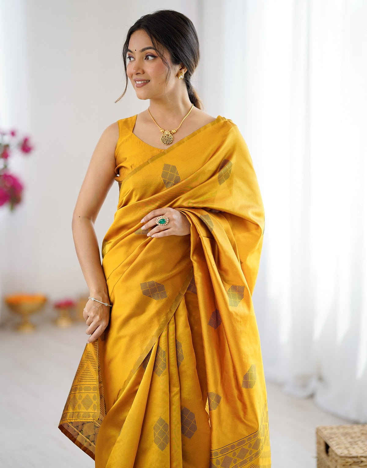 Yellow Silk Woven Saree
