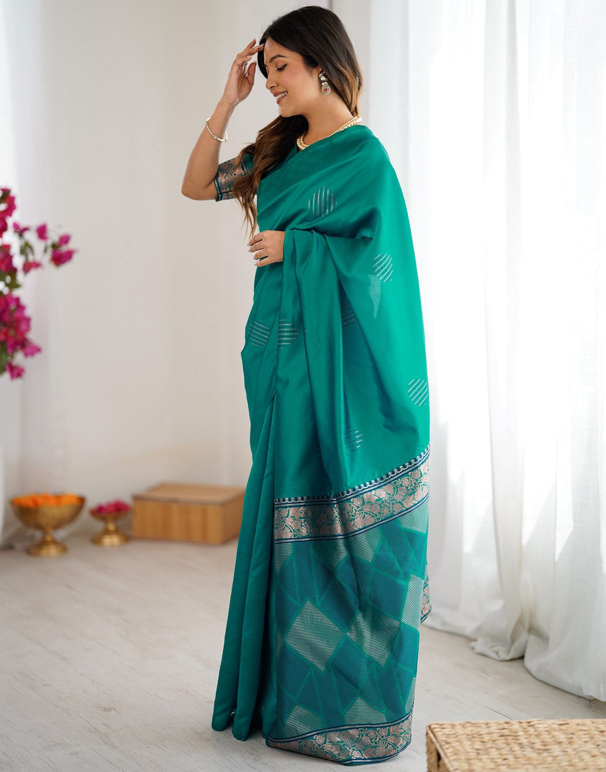 Teal Green Silk Woven Saree