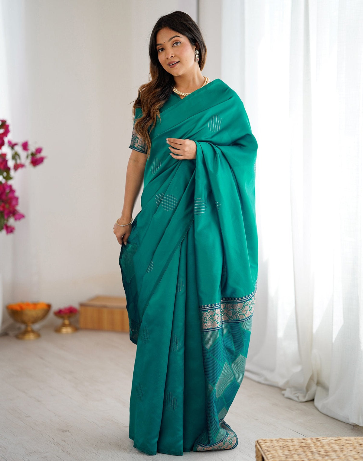 Teal Green Silk Woven Saree