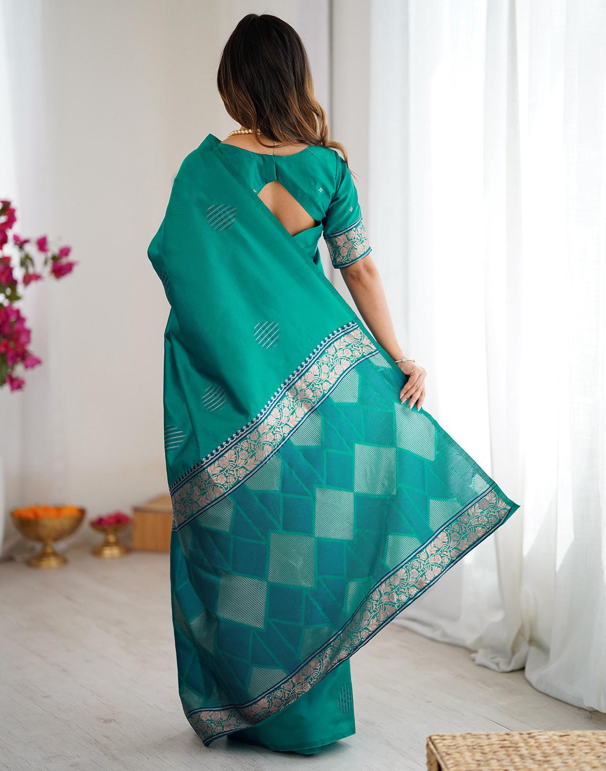Teal Green Silk Woven Saree