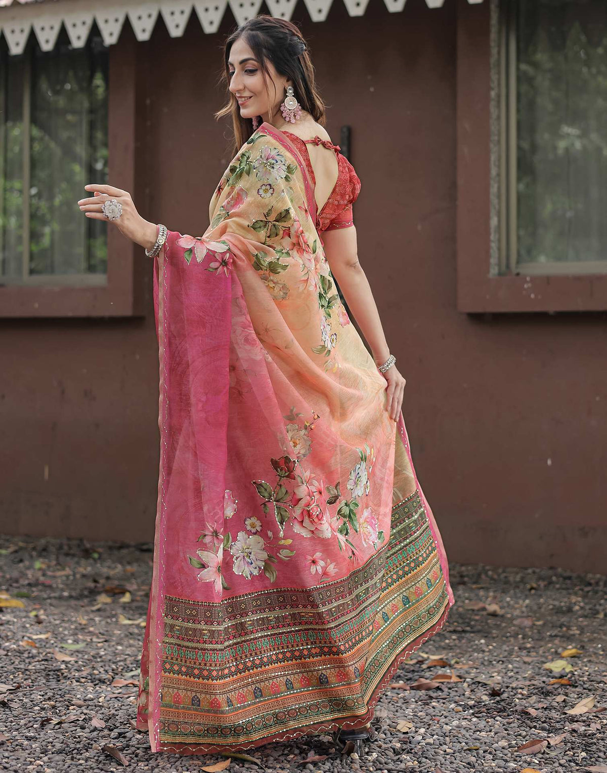 Pink Cotton Floral Printed Saree