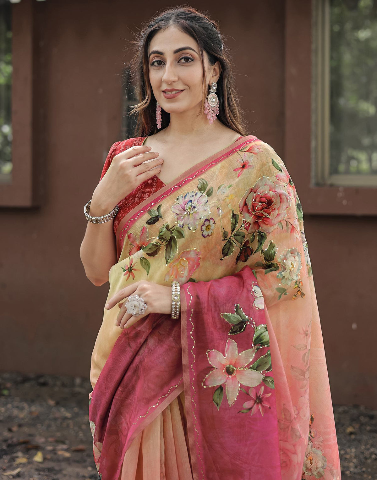 Pink Cotton Floral Printed Saree