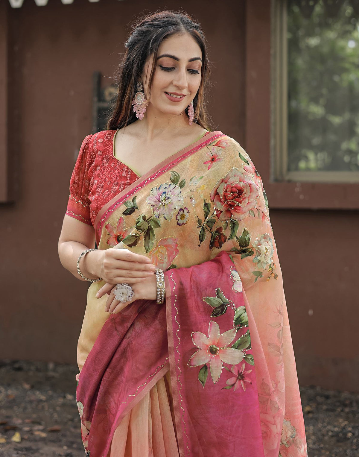 Pink Cotton Floral Printed Saree
