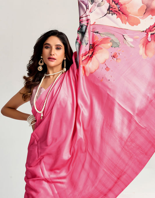 Pink Satin Floral Printed Saree